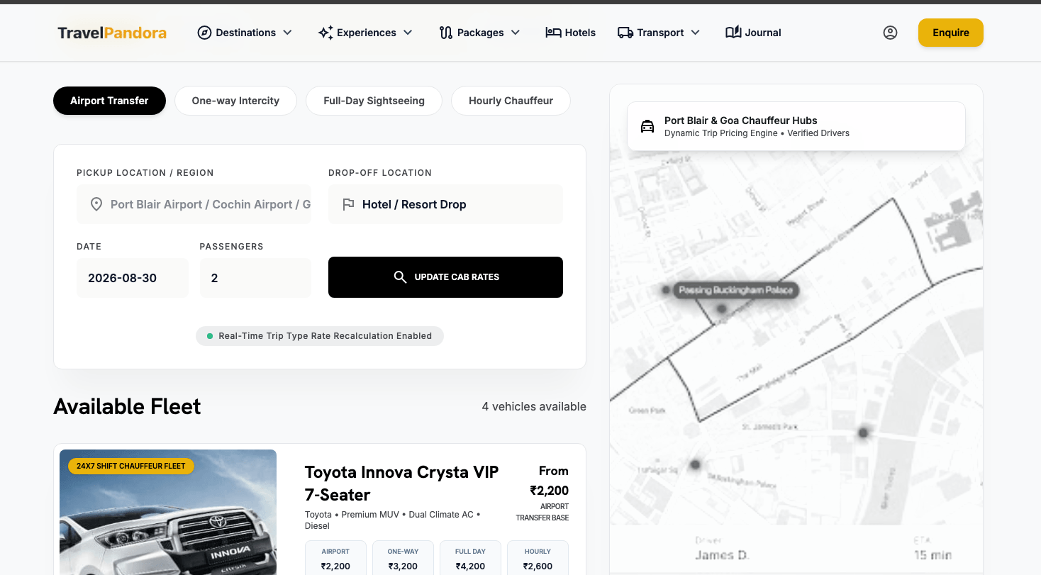 TravelPandora chauffeur cab booking with map and trip type tabs