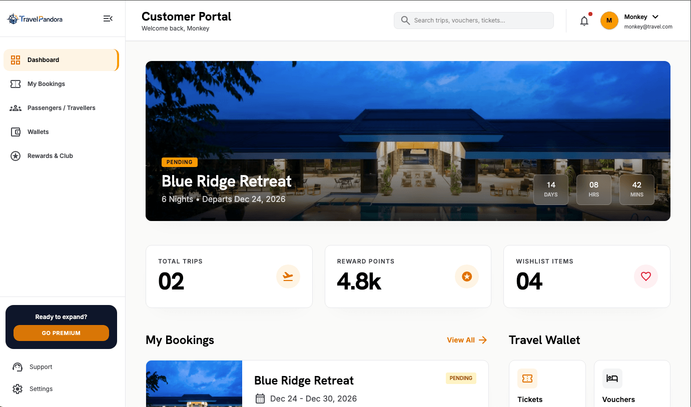TravelPandora My Bookings and Document Wallet view