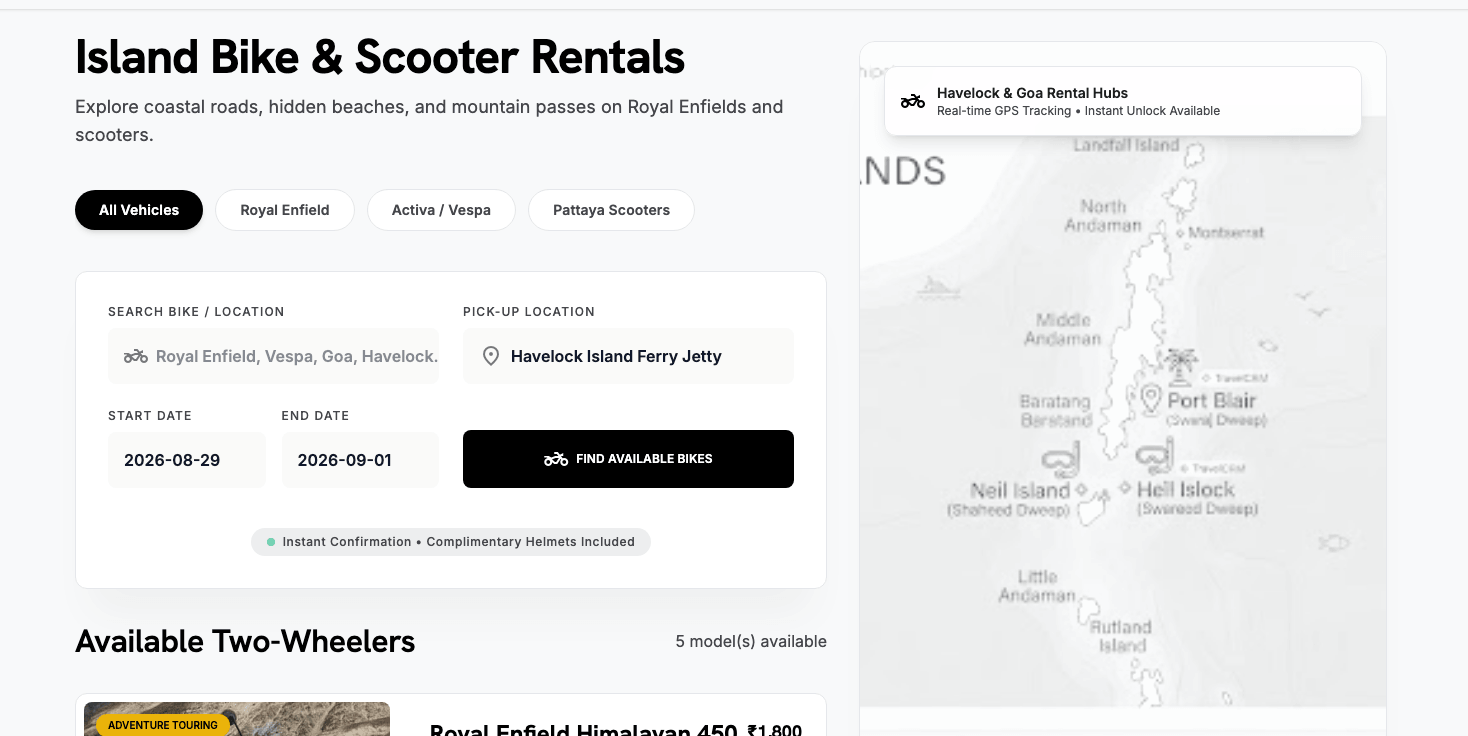 TravelPandora island bike and scooter rentals page with GPS map
