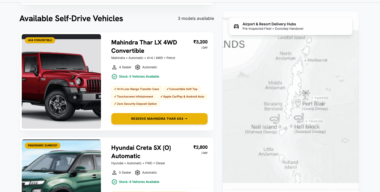 TravelPandora self-drive vehicle booking with Thar 4x4 and Creta